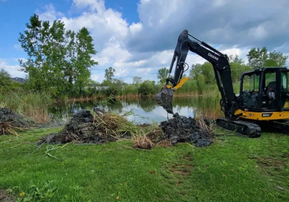 Tatra Built team performing pond maintenance and clean up in residential landscape