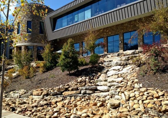Artistic water feature designed with professional landscape design services